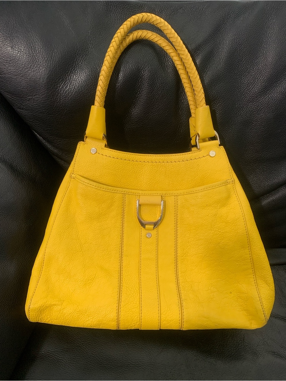 Vintage Cole Haan Mustard Yellow Pebbled Leather Equestrian Shoulder Bag
